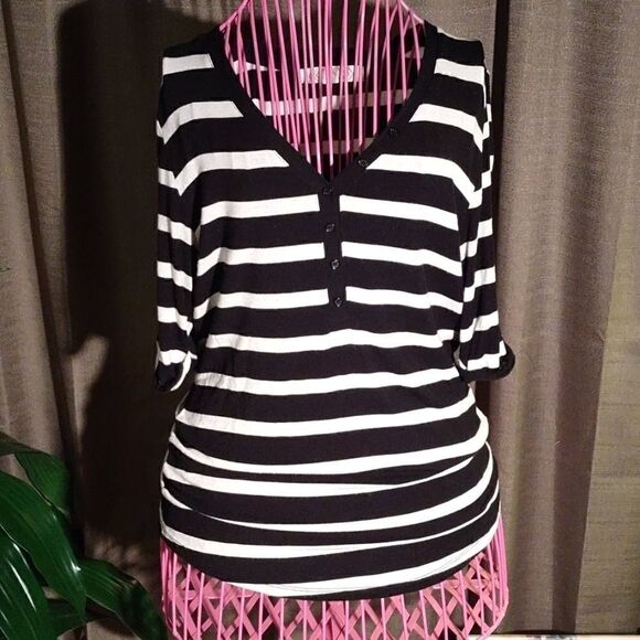 Pink Rose Black/wht. Striped Top - Picture 1 of 7